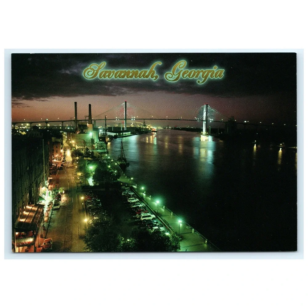 Plastichrome Postcard Savannah Georgia Nighttime‎ River Street Bridge 6x4 Multi